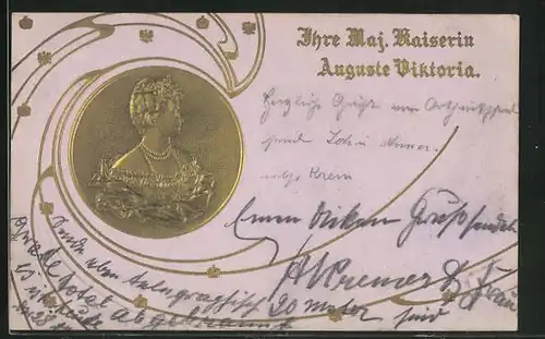 Präge-AK Portrait als Goldmünze Kaiserin Auguste Victoria Königin von Preussen