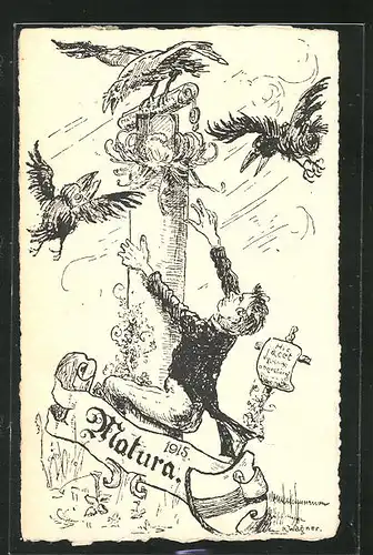 Künstler-AK Matura 1915, Absolvent klettert zum Diplom