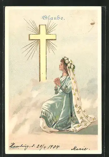 Künstler-AK Alfred Mailick: Allegorie Glaube, betendes Mädchen am Kreuz