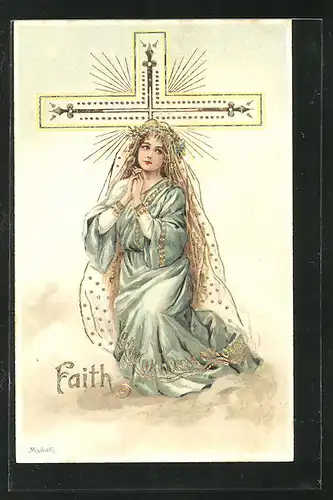 Künstler-AK Alfred Mailick: Allegorie Faith, betende junge Frau am Kreuz