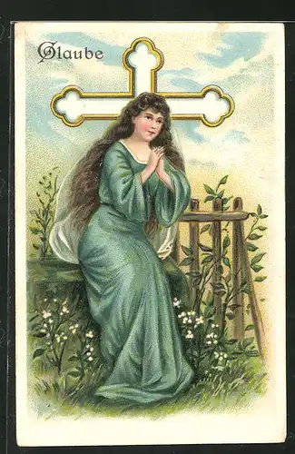 Präge-Lithographie Allegorie Glaube, betende Frau vor einem Kreuz