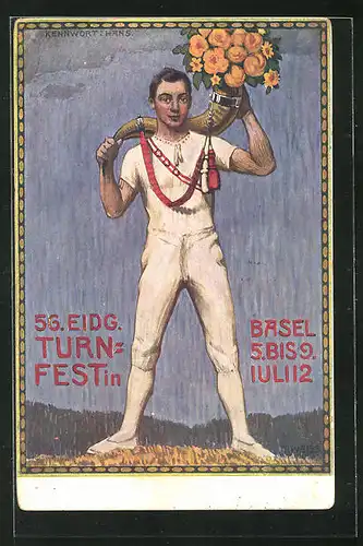 Künstler-AK Basel, 56. eidgenössisches Turnfest 1912, Turner mit Horn und Blumen