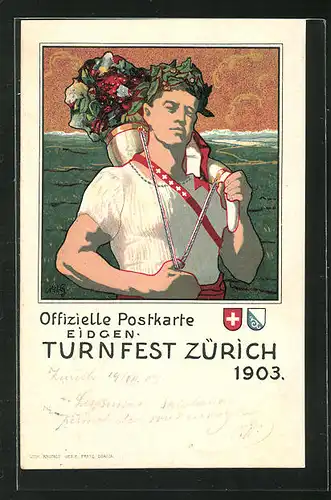 Lithographie Zürich, Eigen. Turnfest 1903, Aportler mit Eichenkranz