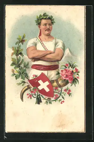 Lithographie Turner mit Eichenkranz und schweizer Wappen