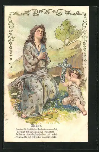 Präge-Lithographie Allegorie Glaube, Frau beim Gebet mit Putte
