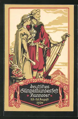 Künstler-AK Hannover, Deutsches Sängerfest 1924, Harfe und Pokal
