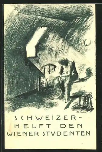 Künstler-AK Aufruf Schweizer helft den Wiener Studenten