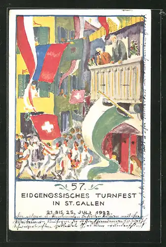 Künstler-AK St. Gallen, Eidgenössisches Turnfest 1922, Festlicher Umzug durch die Stadt