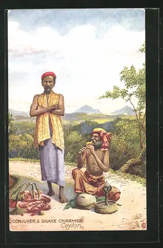 AK Ceylon, Conjurer & Snake Charmer, Zauberkünstler und Schlangenbeschwörer mit Flöte