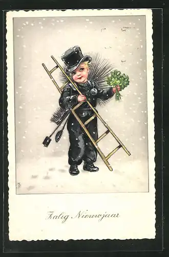AK Schornsteinfegerjunge mit Leiter und Kleeblättern, Neujahrsgruss