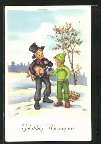 AK Schornsteinfegerjunge mit Glücksschwein und Junge mit Schlitten, Neujahrsgruss