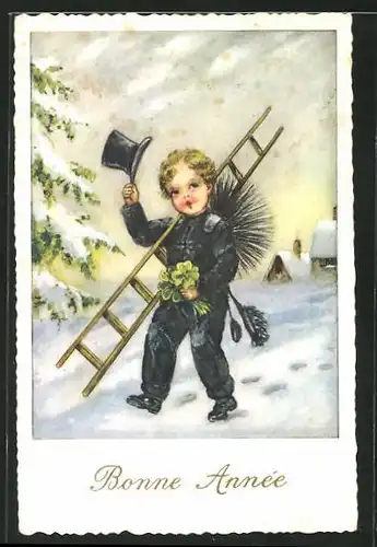 AK Schornsteinfegerjunge mit Besen und Kleeblättern zieht den Hut, Neujahrsgruss
