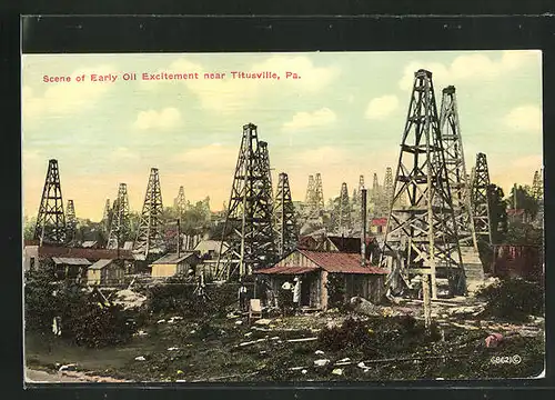 AK Scene of Early Oil Excitement near Titusville, Ölfeld mit Bohrtürmen