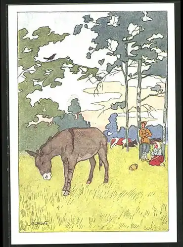 Künstler-AK Fabel von Krylow, Bauern mit ihrem Esel am Waldrand