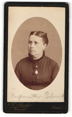 Fotografie C.W. Schindler, Buckau, Portrait Hausfrau mit Halskette und Anhänger