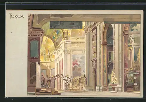 Künstler-AK Leopoldo Metlicovitz: Tosca, Inneres einer antiken Schlosshalle