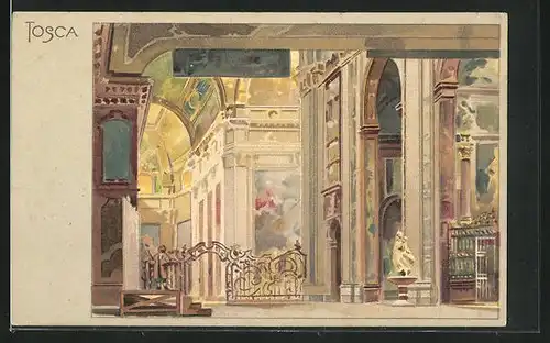 Künstler-AK Leopoldo Metlicovitz: Tosca, Inneres einer antiken Schlosshalle