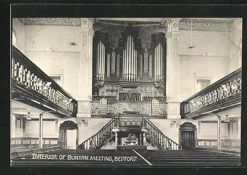 AK Bedford, Interior of Bunyan Meeting, Orgel und Zuschauertribüne