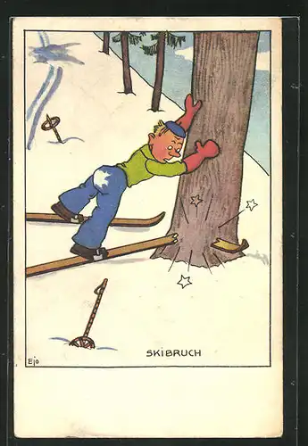 Künstler-AK Skibruch, Skifahrer fährt gegen einen Baum
