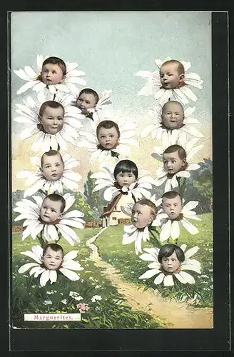 AK Buchstabe N aus Gänseblümchen mit Babygesichtern