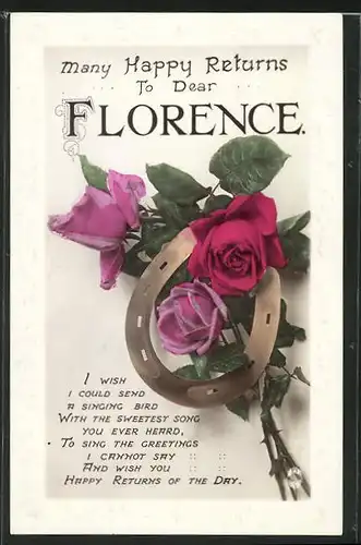 Präge-AK Blumengrüsse und Hufeisen zum Namenstag Florence