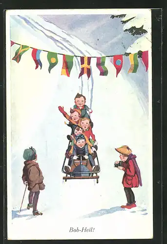 Künstler-AK Schlitten, fünf Kinder in einem Bob fahren unter Wimpelkette, Bob-Heil!