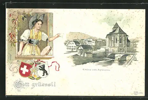 Präge-Lithographie Appenzell, Kirche von Appenzell, Appenzellerin in Tracht, Wappen