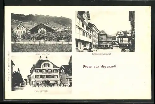 AK Appenzell, Postgebäude, Schmäuslemarkt, Landes-Relief