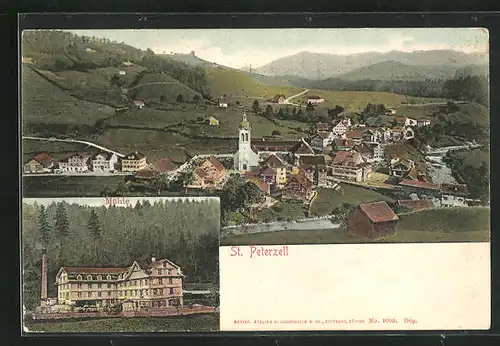 AK St. Peterzell, Blick auf die Mühle, Ortsansicht aus der Vogelschau