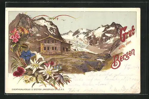 Lithographie Neustift, Blick auf die Franz-Senn-Hütte
