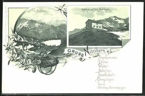 Lithographie Gasthaus auf dem Nebelhorn, Blick auf den Seealpsee