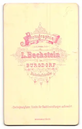 Fotografie L. Bechstein, Burgdorf, Portrait bürgerliche Dame in hübscher Kleidung an Stuhl gelehnt