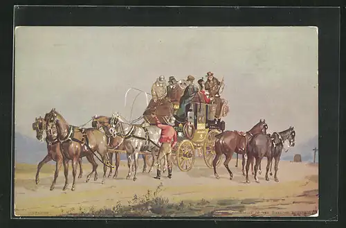 AK London, International Horse Show, Olympia, 1912, Kutsche erhält frische Pferde