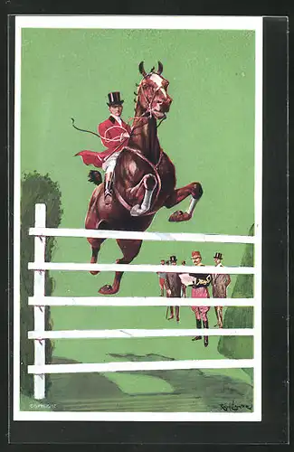 Künstler-AK London, International Horse Show 1908, Olympia, Jockey beim Sprung übers Hindernis