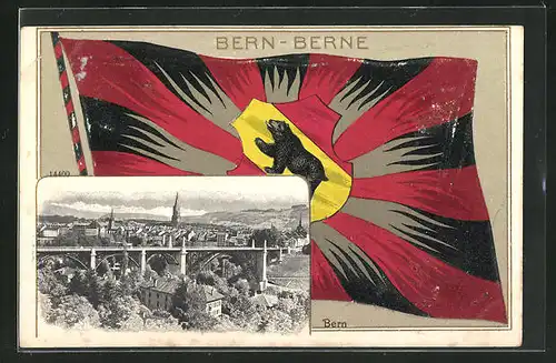 Präge-AK Bern / Berne, Panorama und Flagge mit Wappen