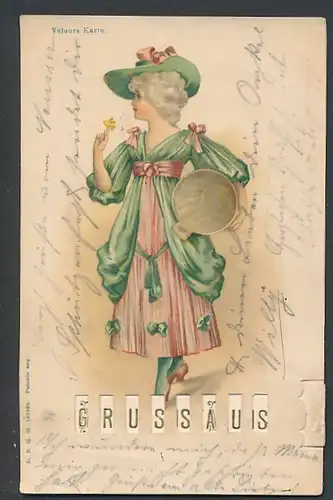 Mechanische-AK Schöne Frau im grünen Kleid mit Zuber, Schieber zum Wechseln der Botschaft