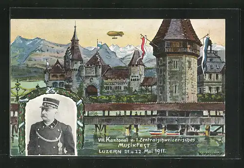 Künstler-AK Luzern, VIII. Kantonal- und I. Zentralschweizerisches Musikfest 1911, Wasserturm und Kapellbrücke
