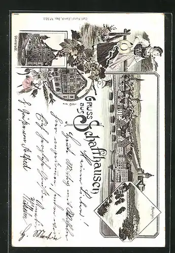 Vorläufer-Lithographie Schaffhausen, 1895, Ortsansicht, Blick auf Rheinfall, Oberstadt, Gasthaus zum Ritter