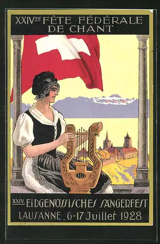 AK Lausanne, XXIV. Eidg. Sängerfest 1928, Frau mit Harfe blickt zur Stadt, Schweizer Flagge