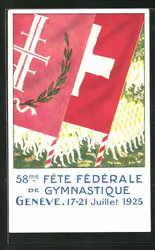 AK Genève, 58, Fete Federale de Gymnastique, Turnfest 1925, Schweizer Flagge vor Teilnehmern