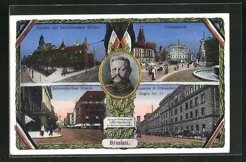 AK Breslau, Kloster der Barmherzigen Brüder, Königsplatz, General-Feldmarschall von Hindenburg