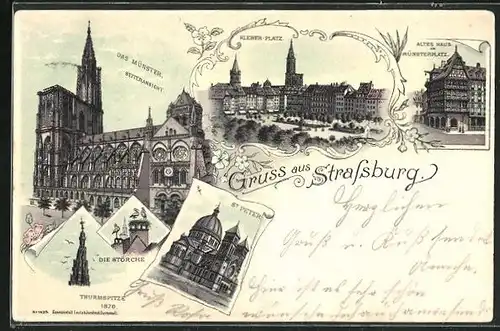 Lithographie Strassburg, Die Störche, Turmspitze, Kleber-Platz