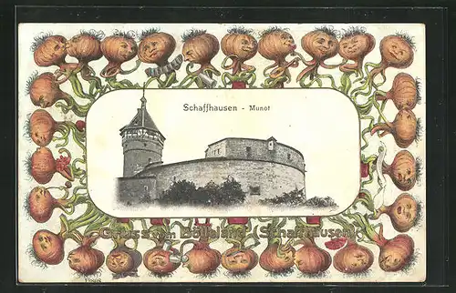 Passepartout-Lithographie Schaffhausen, Blick auf Burg Munot, gerahmt von Zwiebeln