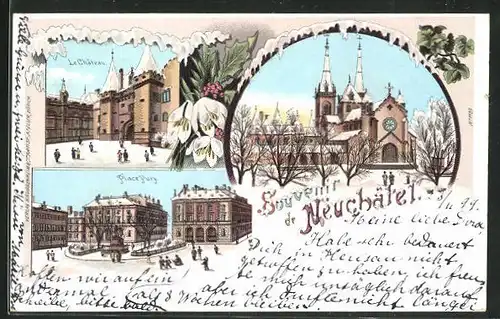 Winter-Lithographie Neuchatel, Le Chateau, Place Pury, L`Eglise