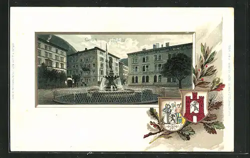 Präge-Passepartout-Lithographie Chur, Postplatz mit Brunnen, Wappen