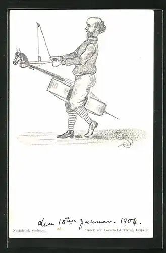 AK Streichinstrument, Mann reitet auf einem Instrument