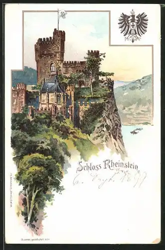 Lithographie Blick auf Schloss Rheinstein