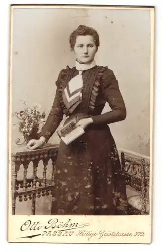 Fotografie Otto Böhm, Passau, Portrait Dame im Kleid mit Buch
