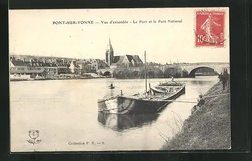 AK Pont-sur-Yonne, Vue d'ensemble, Le Pont et le pont National