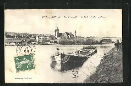 AK Pont-sur-Yonne, Vue d'ensemble, Le Pont et le Pont National